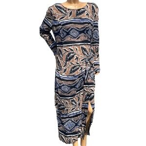 Leslie Lucks Geometric Leaf Earth Tones Blue Knotted Dress 12 Midi Long Sleeved